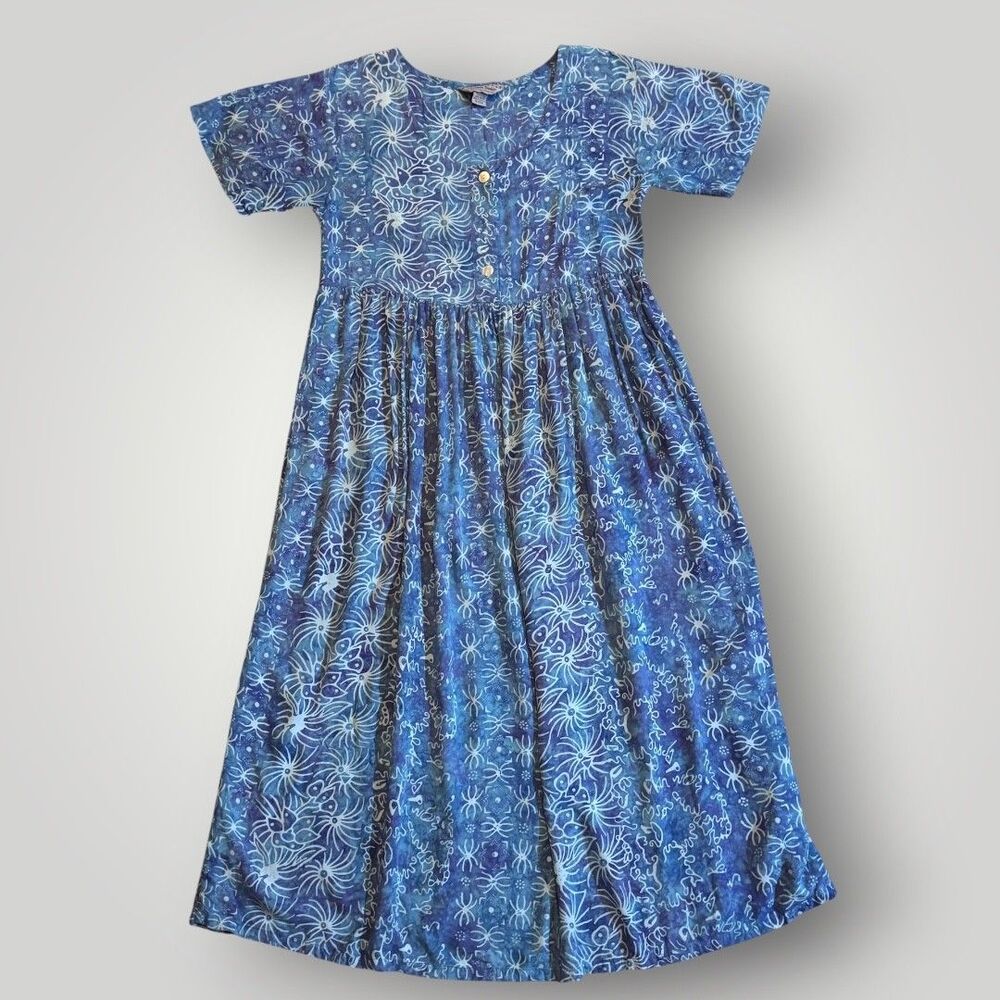 VTG Nomadic Traders Batik Midi Dress M Blue Sunburst Cottagecore Boho Rayon